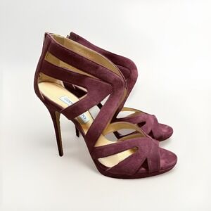 Jimmy Choo Women's Suede Sandal High Heels Burgandy Size 40.5 Designer Luxury‎